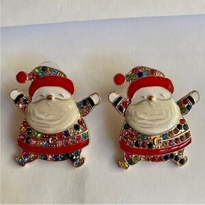 Festive Santa Claus Enamel and Rhinestone Holiday Festive Earrings